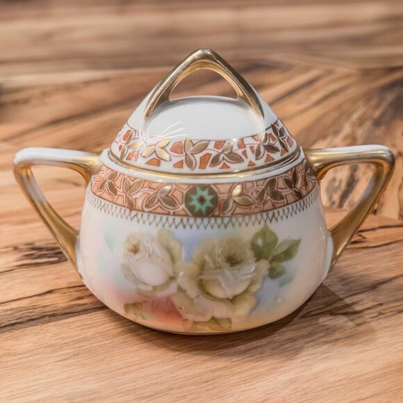 1930's Vintage Royal Rudolstadt Prussia Covered Sugar Dish, Antique Rose Pattern - Picture 4 of 10